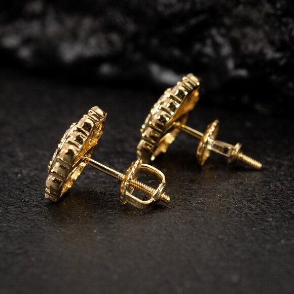 Yellow Gold 925 Sterling Silver Men's Hip Hop Octagon Cz Cluster Stud Earrings - Picture 5 of 5